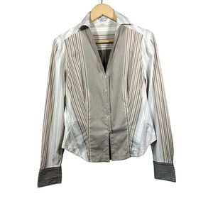 BYRON LARS Women's Contrast Stripe Button Down Long Sleeve Blouse White Small